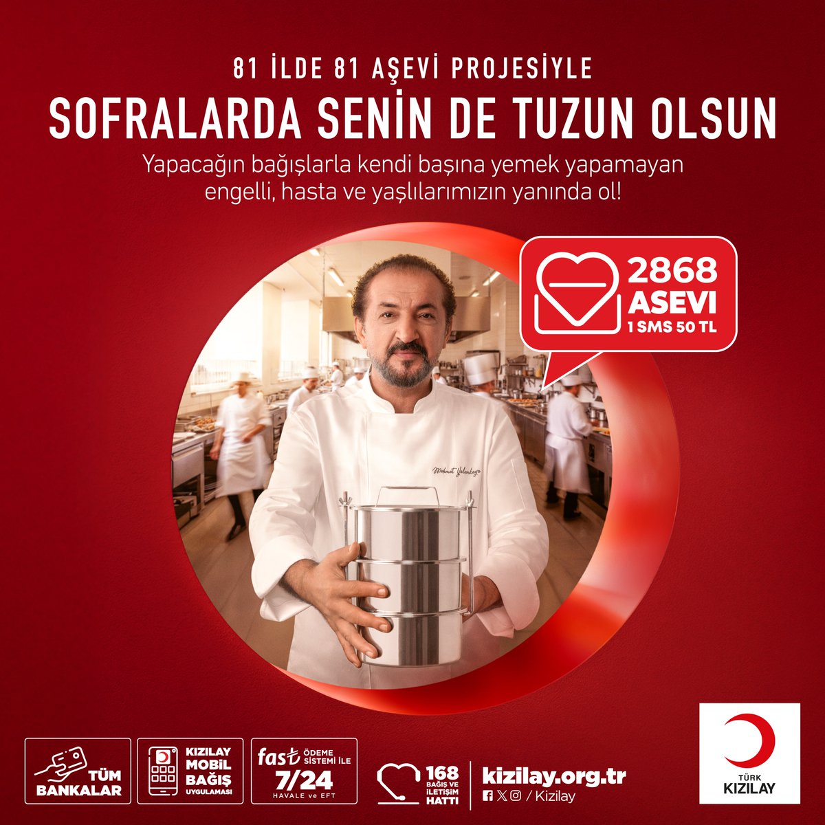 Sofralarda senin de tuzun olsun. 🍽️

81 ilde 81 Aşevi projesiyle, kendi başına yemek yapamayan engelli, hasta ve yaşlılarımızın kapısını her gün sıcak yemekle çalıyoruz.
Yapacağın bağışlarla bir sofraya umut ol, onların yanında ol. ♥️🌙

💻 kizilay.org.tr
📩 ASEVI 📲
