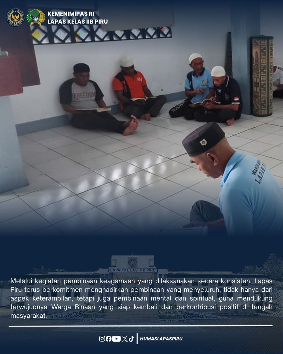 Humaslapaspiru's tweet image. Lapas Piru melaksanakan pembinaan keagamaan Warga Binaan melalui pengajian rutin setiap Rabu di Masjid Al Hijrah sebagai bagian dari pembinaan kepribadian. 

#LapasPiru #TransformasiPemasyarakatan #INFO_PAS