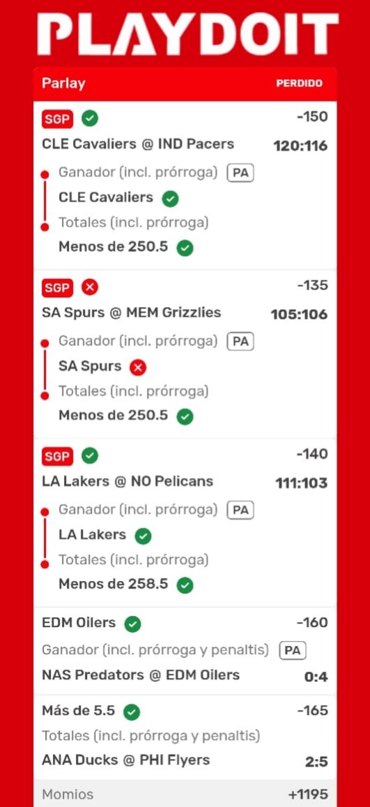 Cuervo_Tips's tweet image. ¡A UN SOLO PUNTO DE LA GLORIA! 💔😭
Se cumplieron 4 de 5 en el parlay de momio +1195. Los Spurs pelearon hasta el final (105-106) pero nos faltó un pelito para cobrar completo.
✅ Cavaliers &amp;amp; Under 250.5
✅ Lakers &amp;amp; Under 258.5
✅ Oilers ML
✅ Ducks/Flyers Over 5.5
❌ Spurs ML…