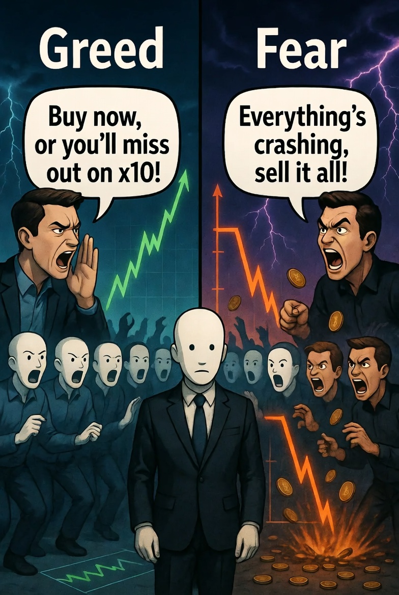 Fear and greed... the key emotions that drive people in cryptocurrency.  You can fight this, learn to resist impulsive decisions and emotional actions. A cold, rational mind is a trader's best weapon... Stay calm and composed in your actions.