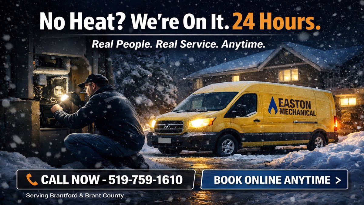 🚨 NO HEAT? 🚨
January cold doesn’t care what time it is and neither do we.

🔥 24-Hour Emergency Heating Service
📍 Brantford &amp; Brant County

📞 Call 519-759-1610
🌐 Book now → eastonmechanical.com