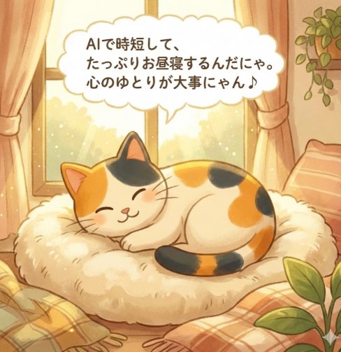 terakengo's tweet image. AIで時短して、たっぷりお昼寝の時間を作るんだにゃ！🐾

 家計簿や日報はデジタルな相棒にお任せにゃ。

浮いた時間で大切な人に連絡したり、趣味を楽しんだり……そんな「心のゆとり」の作り方をnoteで紹介してるにゃん！

ぜひ読んでみてにゃ🐾
#50代 #LIFESHIFT