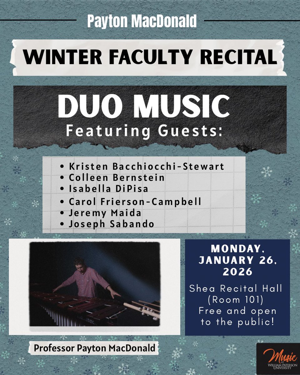 Please join us January 26th for a Winter Faculty Recital! It is free and open to the public. ❄️🎶

#wpunj #wpmusic #njmusic