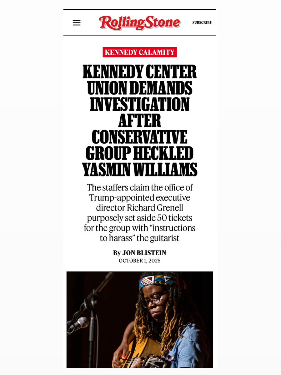 Missed this insane story from October when apparently Yasmin Williams <a href="/guitar_yaz/">Yasmin Williams</a> was gracious enough to not cancel her Kennedy Center show only to have Trump’s goon <a href="/RichardGrenell/">Richard Grenell</a> give 50 tickets to Log Cabin Republicans to heckle her during the performance