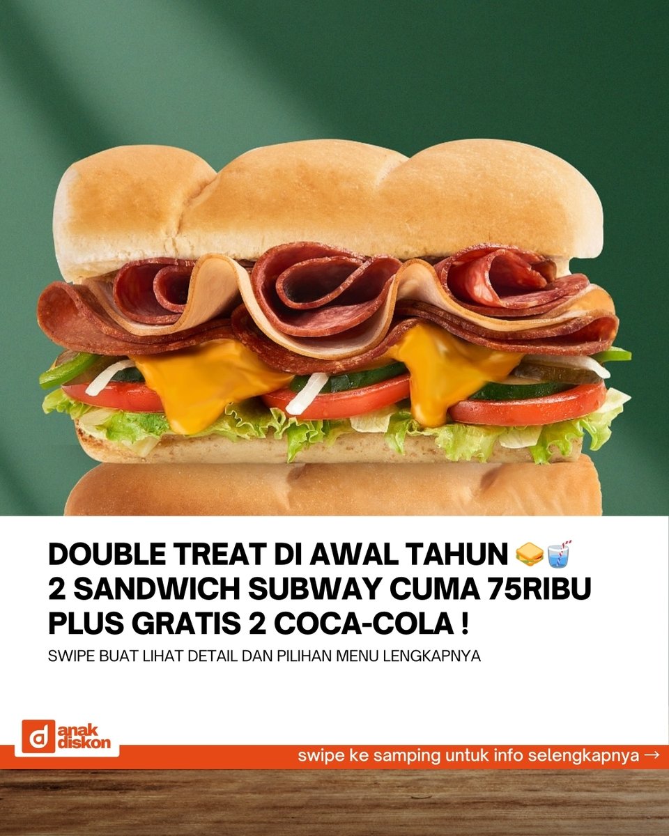 katalogpromosi's tweet image. Beli 🥤 Sandwich dapet, minum gratis
Subway Double Treats 2 sandwich favorit cuma Rp75 ribu, bonus 2 Coca-Cola khusus 1 hari aja

Lihat info lengkapnya sebelum habis 👉 katalogpromosi.com/romo-subway-ne…
#SubwayIndonesia #PromoMakan #NewYearDeal
