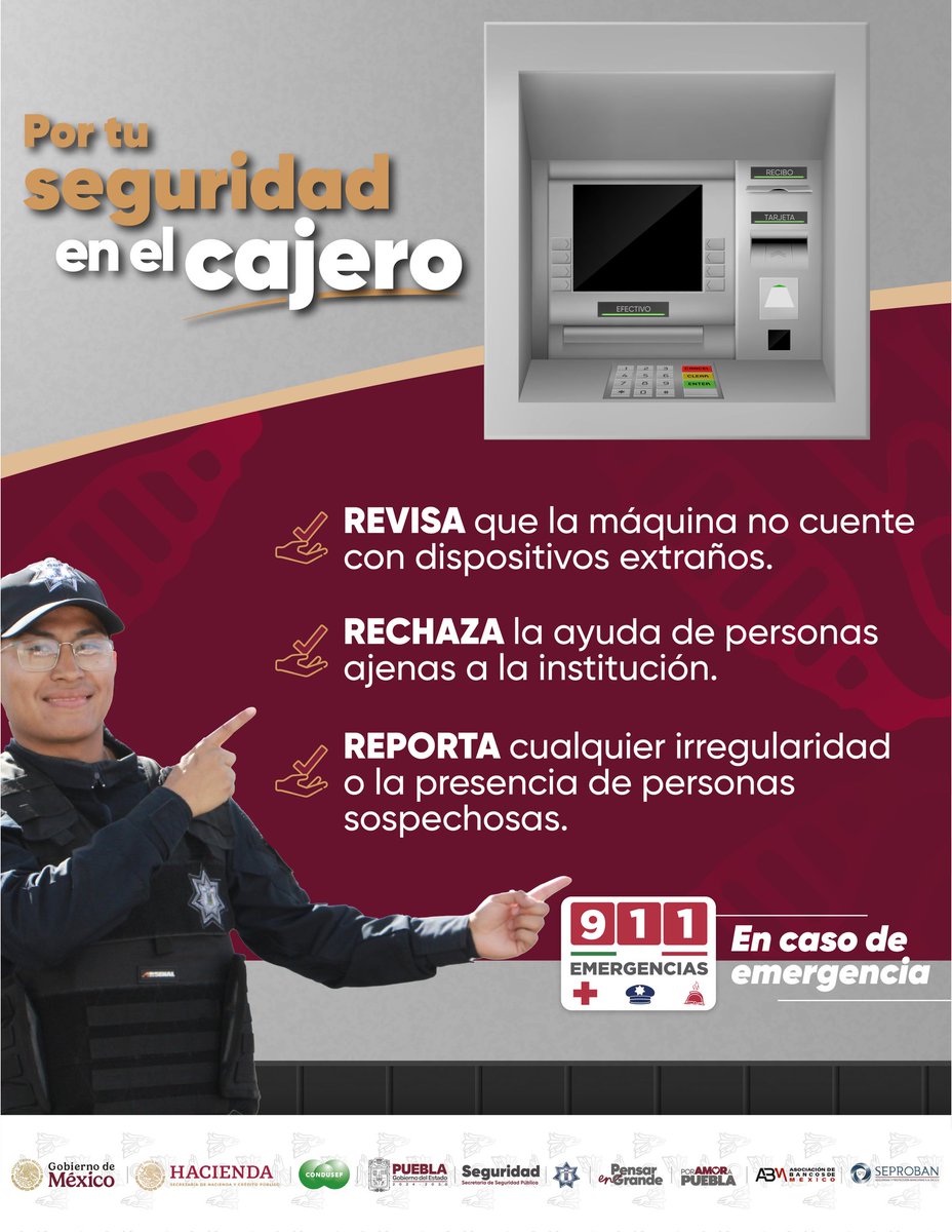 Elegir cajeros bien iluminados y concurridos es una forma sencilla de cuidarte.

#PorAmorAPuebla, el <a href="/Gob_Puebla/">Gobierno de Puebla</a> invita a tomar decisiones seguras en cada retiro, trabajando todos los días con la visión de #PensarEnGrande.