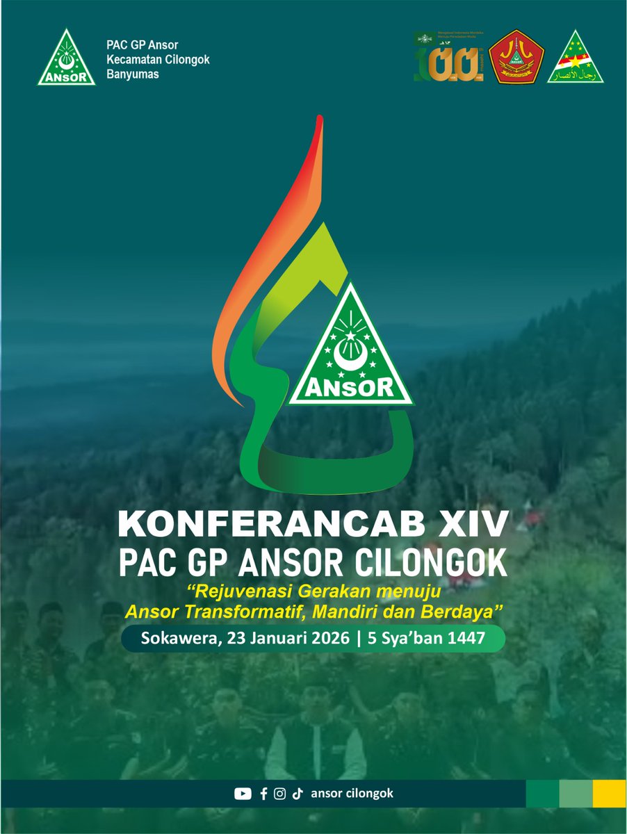 Segenap Sahabat Ansor Banser Se PAC Cilongok yang terhormati;
Sehubungan dengan sudah berakhirnya masa Khidmat kami, maka dengan ini kami PAC GP Ansor kecamatan Cilongok, akan mengadakan gelaran kegiatan Konferancab ke XIV. 

Ketua Ansor
Yanuar Yoga Pradana