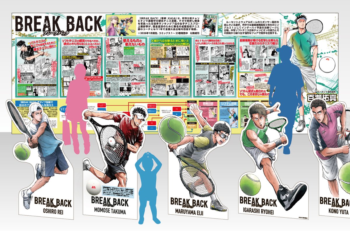 WedgeHoldings's tweet image. 「月刊少年チャンピオン 新年２月号」に「東京インドア2026」の情報を掲載していただいております！

会場では百瀬の活躍を集めた『BREAK BACK』展を開催いたしますのでぜひお立ち寄りください！

展示ボードのイメージ画像も公開です！

#BREAKBACK展 #KASA #BREAKBACK #ソフトテニス