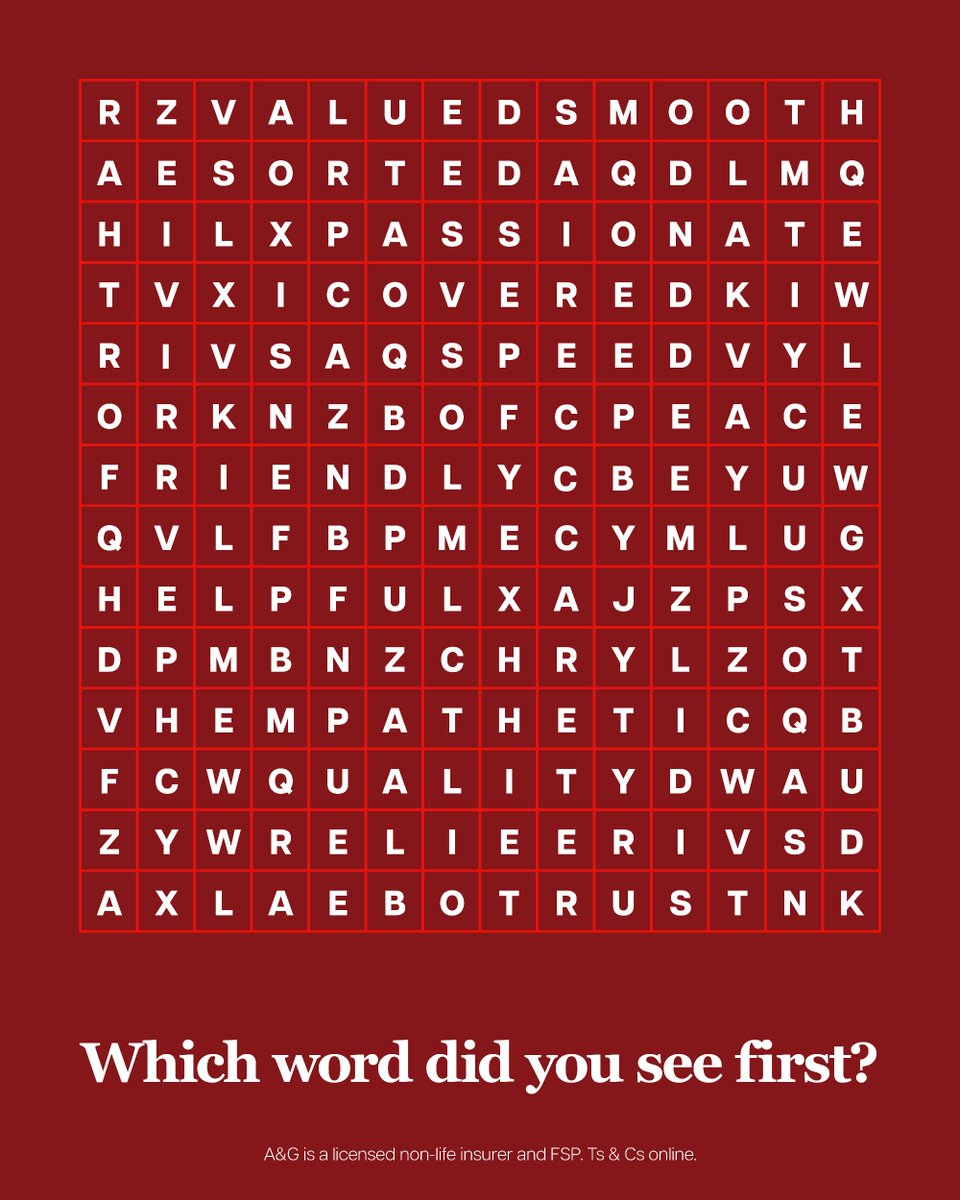 Every word in this word search is something an Auto&amp;General customer has said about their experience with us. Which word do you see first? Tell us in the comments below &amp; you could win R2500 cash 💰

#AGLove #AG40Years #NeverNotThere