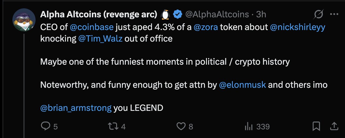 me: [blah blah + then I tell a joke]

friend: 👀

me: what? 

friend: dude that is maybe one of the funniest moments in political/crypto history.

me: what??

friend: yep. Noteworthy, and funny enough to get attn by <a href="/elonmusk/">Elon Musk</a>. <a href="/brian_armstrong/">Brian Armstrong</a> you LEGEND