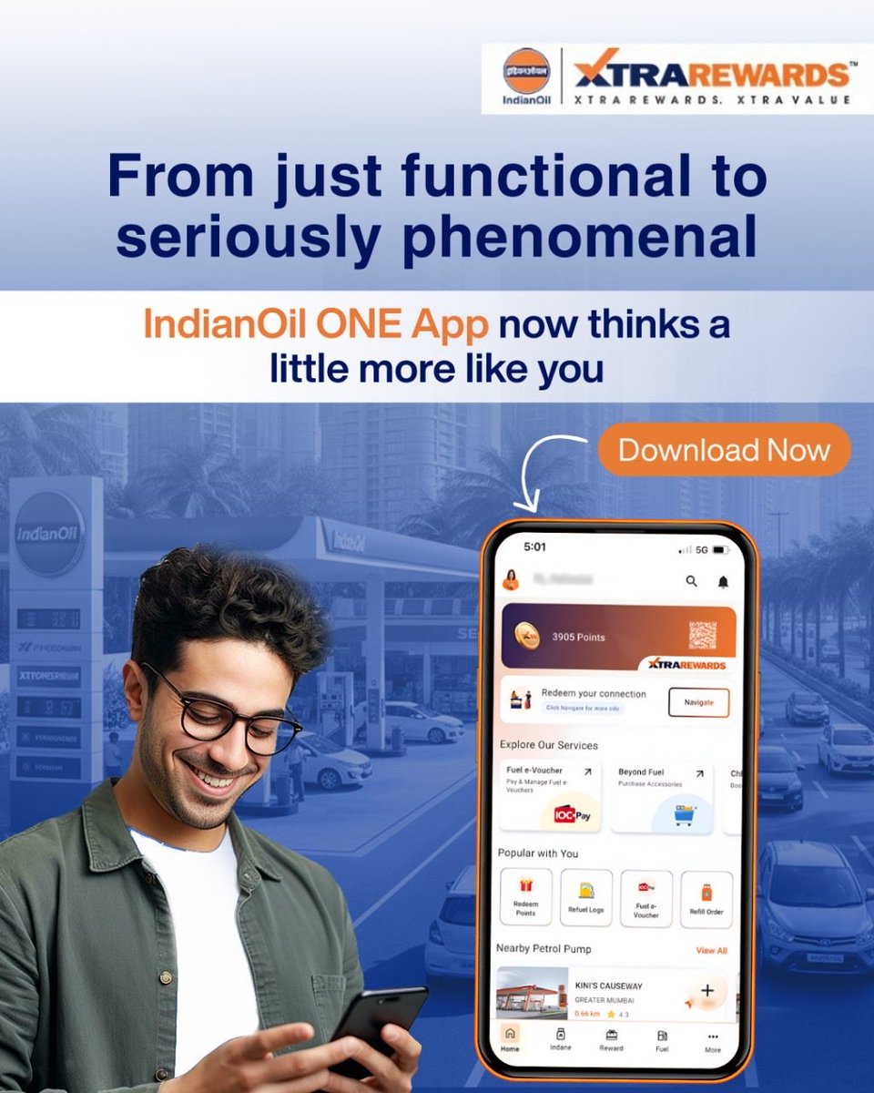 Multilingual support, custom dashboards, simplified vouchers and fuel tracking —now live on the new IndianOil ONE App.

📲 Update it now:
iOS: apps.apple.com/in/app/indiano…
Android: play.google.com/store/apps/det…

#IndianOil #XTRAREWARDS #AppUpdate