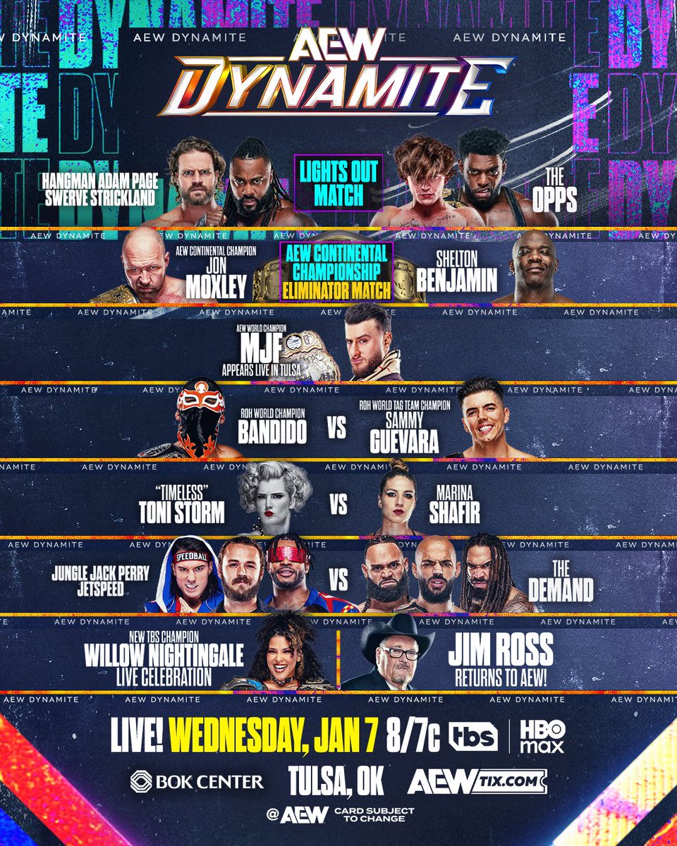 AEW's tweet image. TOMORROW NIGHT!

Don't miss the absolutely jam packed first Wednesday Night #AEWDynamite of 2026!

The action all starts LIVE at 8/7c on @TBSNetwork + @SportsOnMAX, TOMORROW NIGHT!