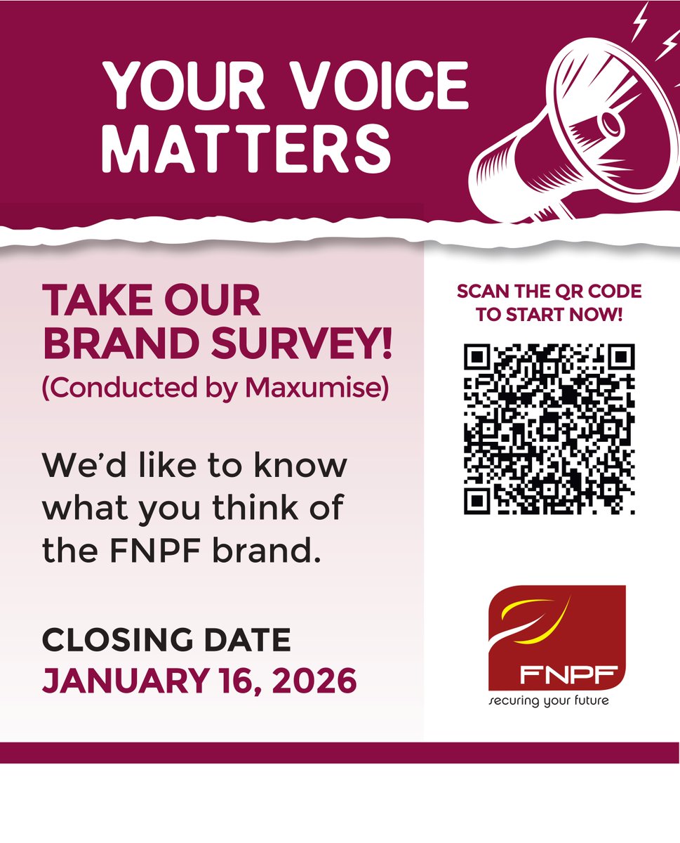 📣 We want to hear from you!
Take part in the FNPF Brand Survey and share your views to help shape how we serve our members.
Take the survey today ,it only takes a few minutes.
Click on this link: surveymonkey.com/r/FNPF_Brand_D… or Scan the QR code on the poster to get started.