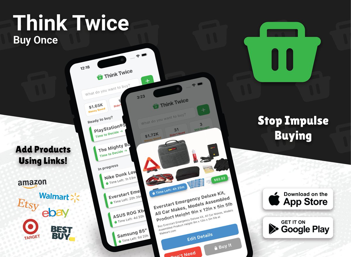 leeclayberg's tweet photo. Before your next impulse buy… pause.

Think Twice is an app I built to help you:
• Delay purchases
• Break impulse habits
• See how much money you didn’t spend
It’s not a list — it’s a pause button for your wallet.

https://t.co/ni1Q13gEYt https://t.co/biHDDf0O3Y