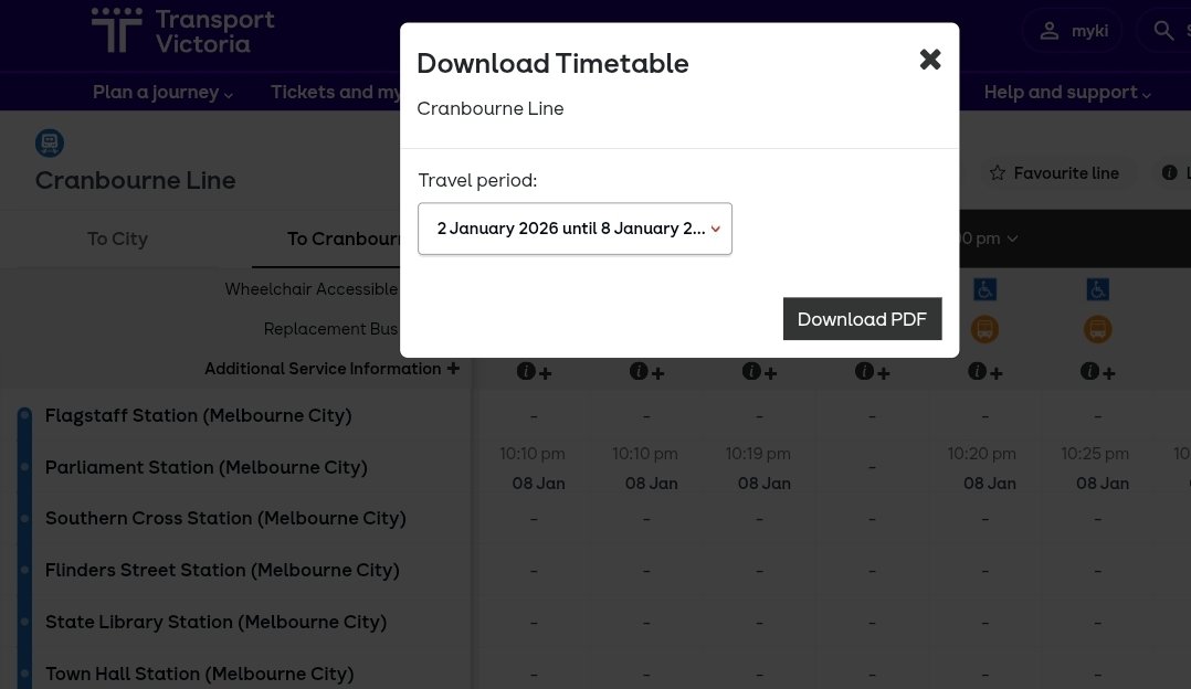 craig_halsall's tweet image. #PakenhamLine #CranbourneLine PDF timetables

✅️ correctly show Glen Waverley

🤦‍♂️ BUT data is grouped by week (Fri to Thurs)

😵‍💫 need to read footnotes carefully to confirm which trips run Mon-Tues (from Caulfield) vs Wed-Thurs (from Parliament+Glen Waverley)

🫥 No L9 data