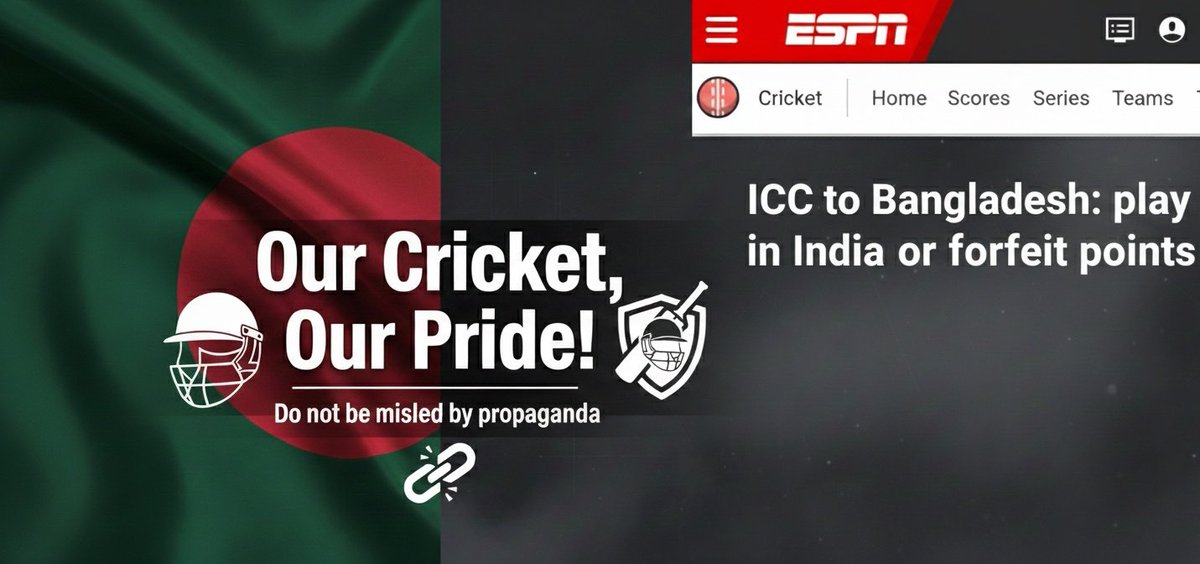 বাংলাদেশ 🇧🇩 ক্রিকেট কোনো দেশের দাসত্ব করবে না! 
ESPN-এর প্রোপাগান্ডা নাকি মনস্তাত্ত্বিক যুদ্ধ? সত্য জানুন! বিস্তারিত লিংকঃ- facebook.com/share/p/1DDV5o…

​​#BangladeshCricket #BCB #ICC #T20WorldCup #NoSecurityNoIndia  #StandWithBangladesh #CricketSafety
 #T20WorldCup2026  #ESPNBias