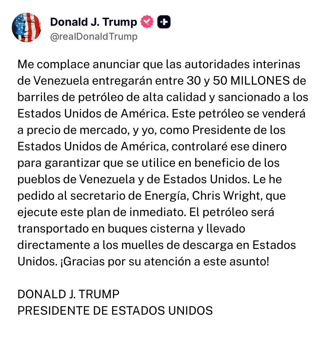 Es totalmente increíble este comunicado y esta decisión de Donald Trump, y que lo diga tan claro. Secuestro al Presidente Falso y lo juzgo. Nombro Autoridades 'Interinas' del mismo régimen, que me responden. Les hago duplicar la producción de petroleo que se la compro yo y sin