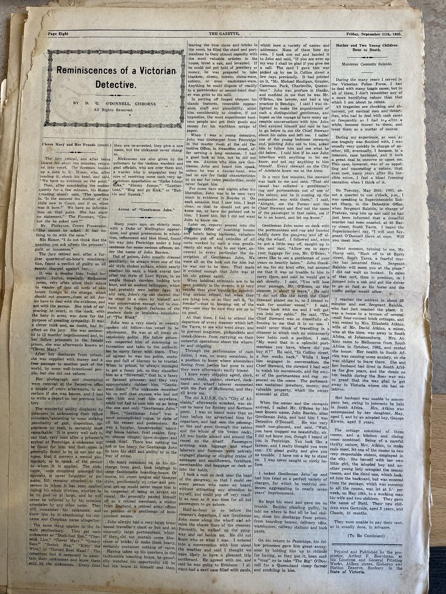 EdinburghWishes's tweet photo. Today’s research at the library had me diving into The Reminiscences of a Victorian Detective, published in the Gisborne Gazette in the 1920s. It’s full of thieves, murderers, bushrangers, and a #ladyswindler nicknamed ‘Clever Mary’. https://t.co/CxFieS5YwX