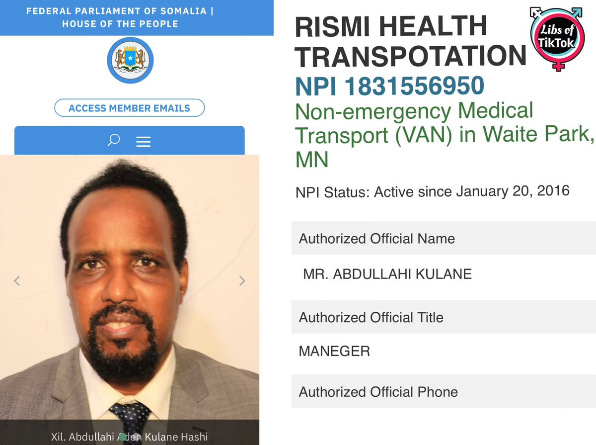 You are not going to believe this…

Somalia Parliament Member and former Somalia security advisor Abdullahi Kulane owns a… healthcare company in Minnesota.

He is listed as the “maneger.”

He’s also a former DEI coordinator at the St Cloud Area School District in MN.

Of course