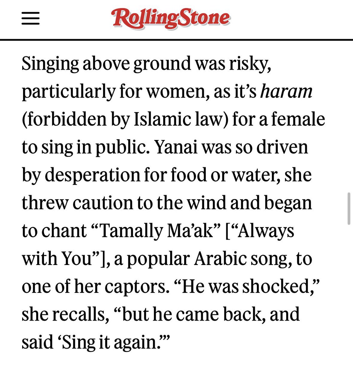 BWDBWDBWD's tweet image. author of this Rolling Stone article said an Israeli hostage risked her life because women singing in public is "haram" 

so I googled "Palestinian women singing" and behold! Palestinian women singing from a Gaza refugee camp