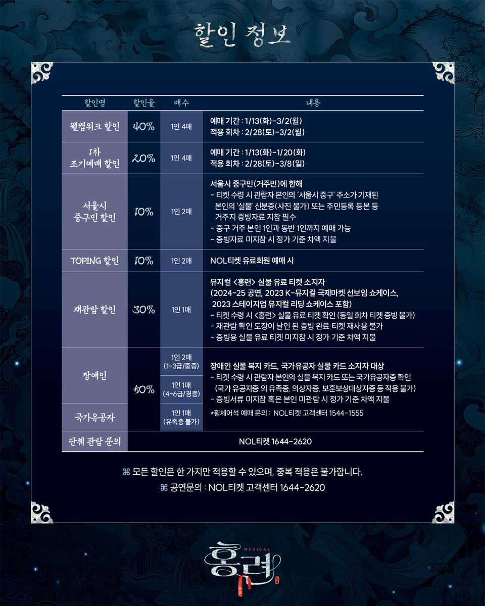 hongryeon101's tweet image. [뮤지컬 #홍련]

🎫 1차 티켓 오픈 안내

✔ 충무아트센터 선예매: 1월 13일(화) 11:00~15:00
✔ 토핑 회원 선예매: 1월 14일(수) 14:00~14:59
✔ 일반 예매: 1월 14일(수) 15:00
✔ 오픈회차: 2월 28일(토)~3월 8일(일)
✔ 예매처: NOL티켓

2026.2.28 - 5.17
충무아트센터 중극장 블랙
