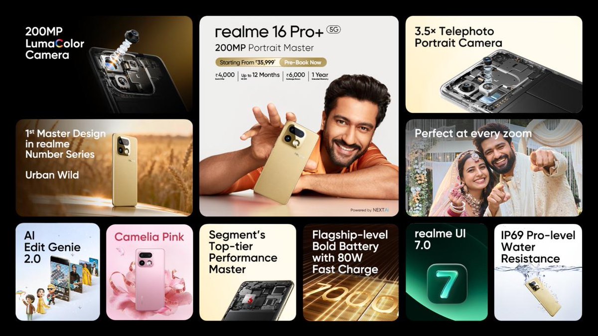 aditechzone's tweet photo. #realme16ProPlus Launched in India

📱 6.8” HyperGlow 4D Curved OLED
🔍 1.5K resolution ⚡ up to 144Hz
☀️ 6,500 nits peak
⚙️ Snapdragon 7 Gen 4 | 
🔋 7000mAh⚡ 80W
📸 200MP Samsung HP5 (OIS)+8MP UW+50MP 3.5x Telephoto
🤳 50MP (OmniVision OV50D) #realme16ProSeries #realme16Pro https://t.co/MuJ4EKkfqf