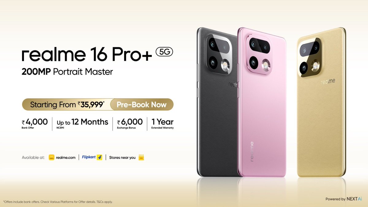 aditechzone's tweet photo. #realme16ProPlus Launched in India

📱 6.8” HyperGlow 4D Curved OLED
🔍 1.5K resolution ⚡ up to 144Hz
☀️ 6,500 nits peak
⚙️ Snapdragon 7 Gen 4 | 
🔋 7000mAh⚡ 80W
📸 200MP Samsung HP5 (OIS)+8MP UW+50MP 3.5x Telephoto
🤳 50MP (OmniVision OV50D) #realme16ProSeries #realme16Pro https://t.co/MuJ4EKkfqf