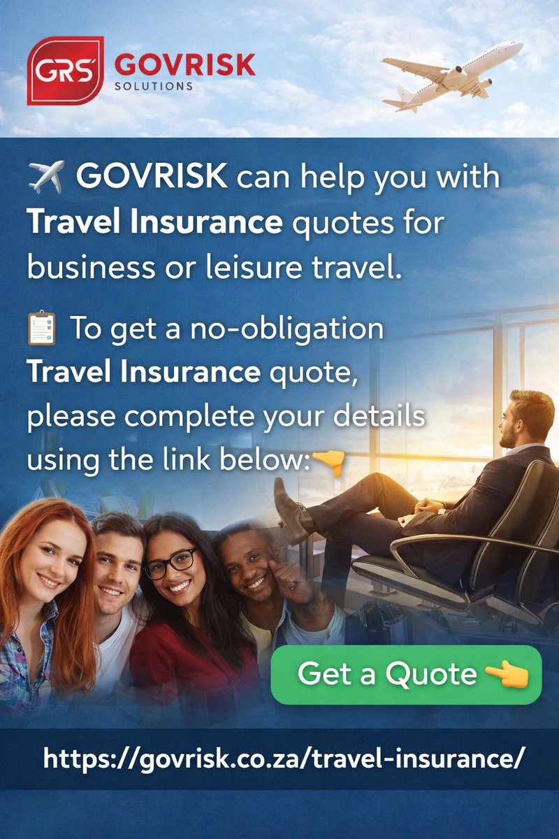 govsure's tweet photo. ✈️ Business or leisure travel coming up?

Travel with confidence 🌍
Get a no-obligation Travel Insurance quote tailored to your trip — with support from an independent insurance broker you can trust.

👉 Get your quote:
https://t.co/AqZra1qz1d

We work for you, not insurers.

📞 WhatsApp: 069 911 0744
GOVRISK Insurance
Authorised FSP 49684

#TravelInsurance #BusinessTravel #LeisureTravel #GOVRISK #InsuranceBroker #travelsmarter