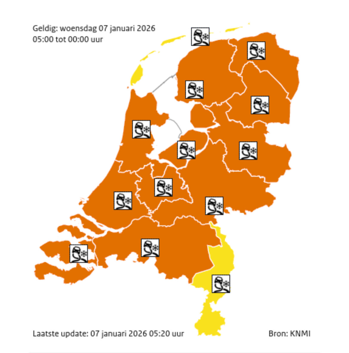Code oranje voor gladheid door sneeuw in bijna hele land. Sneeuwzone begint in het westen en trekt naar het oosten. In een brede kuststrook verwachten we dat weinig sneeuw blijft liggen en is de kans op gladheid kleiner. Volg waarschuwingen via KNMI-app of knmi.nl/nederland-nu/w…