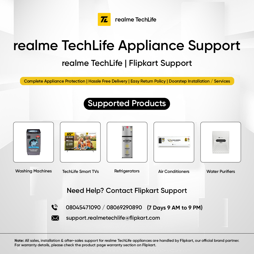 realmecareIN's tweet image. Smart appliances. Smarter support. 

realme TechLife care, powered by Flipkart.

For more details: realme.in/realme-TechLif…

#realmeTechLife #CustomerCare