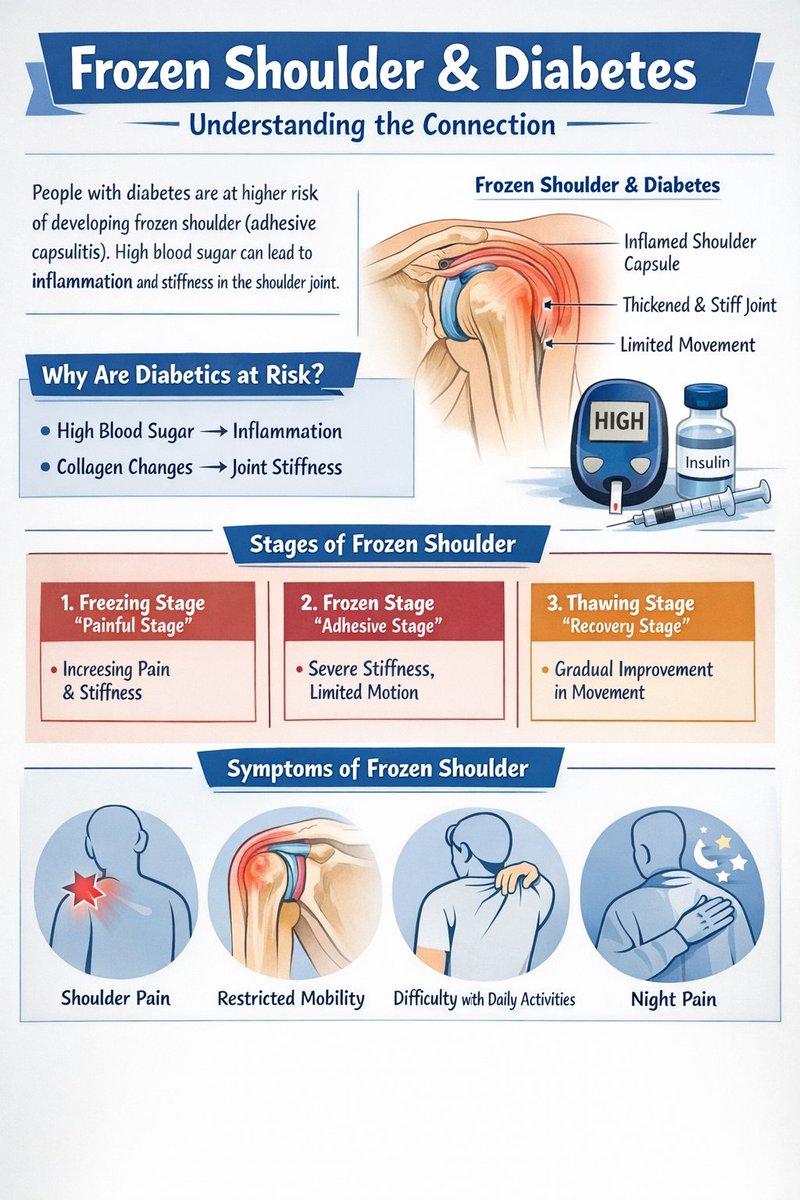 Frozen Shoulder &amp; Diabetes

❝ Shoulder stiffness without any clear injury? If you have diabetes, it’s often the silent driver. ❞

Frozen shoulder (adhesive capsulitis) = inflammation and progressive tightening of the shoulder capsule →
→ persistent shoulder pain
→ restricted