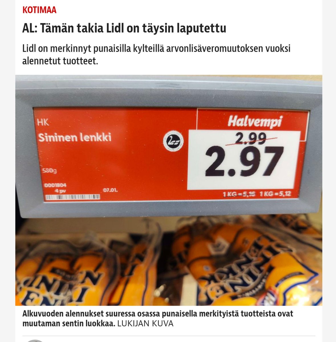 PenttiImmonen1's tweet photo. @ir_rkp suitsuttama (laskee ruuan hintaa) arvolisäveron alennus 14%-13,5% alla vaikutus 2cent eli 0,02€! 🤔
Eli jos ostat pelkän HK sinisen lenkin maksat siitä 3€ kassalla.
@persut #hinta #öyhötys https://t.co/Kj6AAhcS3F