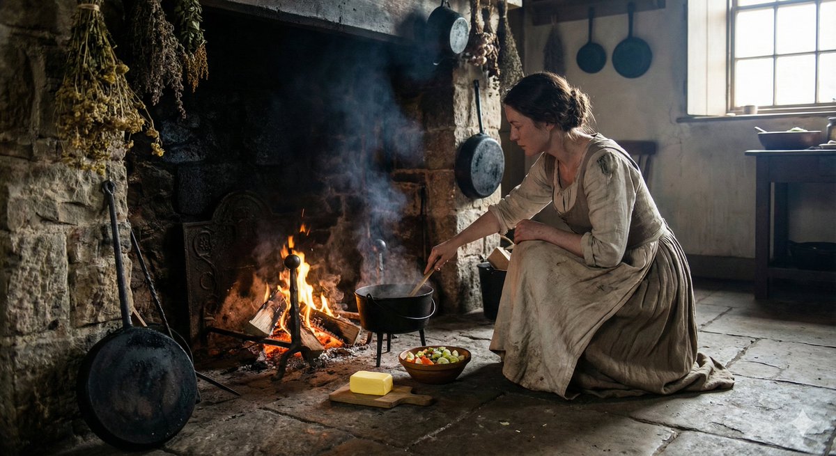 1850: Every kitchen has a hearth. Everything is cooked over fire using cast iron in animal fats. Butter, lard, tallow, dripping. These are the only cooking fats that exist.

The hearth cooking required skill. Managing fire temperature, using the right fat for the task,