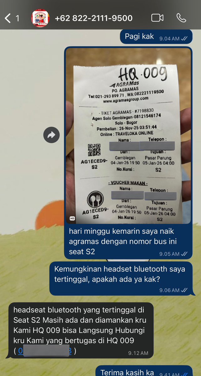 Hari minggu kemaren naik bus agramas dan TWS ketinggalan lah di seat.
Kebetulan naik sleeper jadi klo ada barang ketinggalan harusnya aman karena ga keliatan sm orang lain.
Pas info ke CS respon gercep dan kru sangat kooperatif… Terima kasih <a href="/agramasgroup/">Agramasgroup</a> well done 👏🏼👏🏼👏🏼☺️