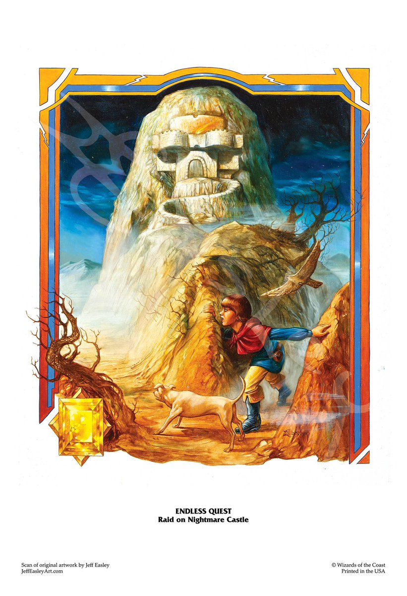 YoDanno's tweet photo. November, 1983.
TSR publishes book No. 14 in the D&D Endless Quest series, “Raid on Nightmare Castle”, with cover painting by Jeff Easley.
You are Kyol, a human orphan raised by Elves. When a great Elven leader is captured, you have an opportunity to prove your worth. Can you? https://t.co/p35n523MFe