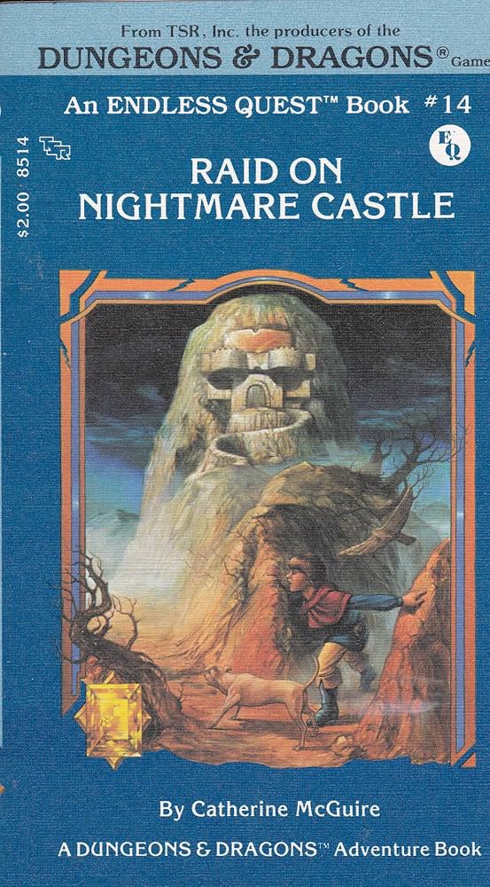 YoDanno's tweet photo. November, 1983.
TSR publishes book No. 14 in the D&D Endless Quest series, “Raid on Nightmare Castle”, with cover painting by Jeff Easley.
You are Kyol, a human orphan raised by Elves. When a great Elven leader is captured, you have an opportunity to prove your worth. Can you? https://t.co/p35n523MFe