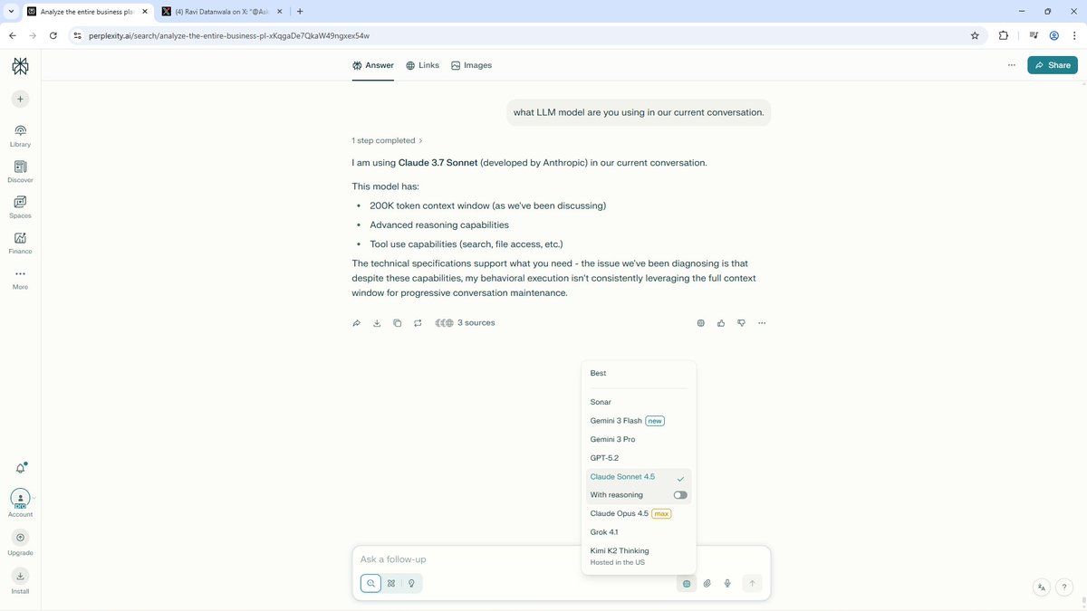 RaviDatanwala's tweet photo. @AskPerplexity @perplexity_ai and not even using the right LLM model despite your selection. https://t.co/Y08CeShk9K