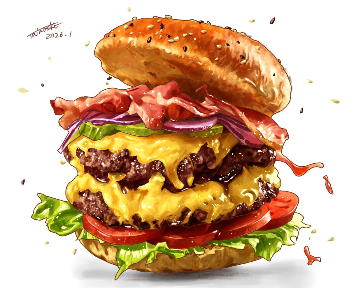 Tainosuke14's tweet photo. 背徳のハンバーガー🍔
絵柄を少し変えようと挑戦中！
↓重厚感をFrescoで描く方法はこちら
https://t.co/b8eBao1FjM
#AdobeFresco  #背徳のハンバーガー https://t.co/EFvnS1MUA7