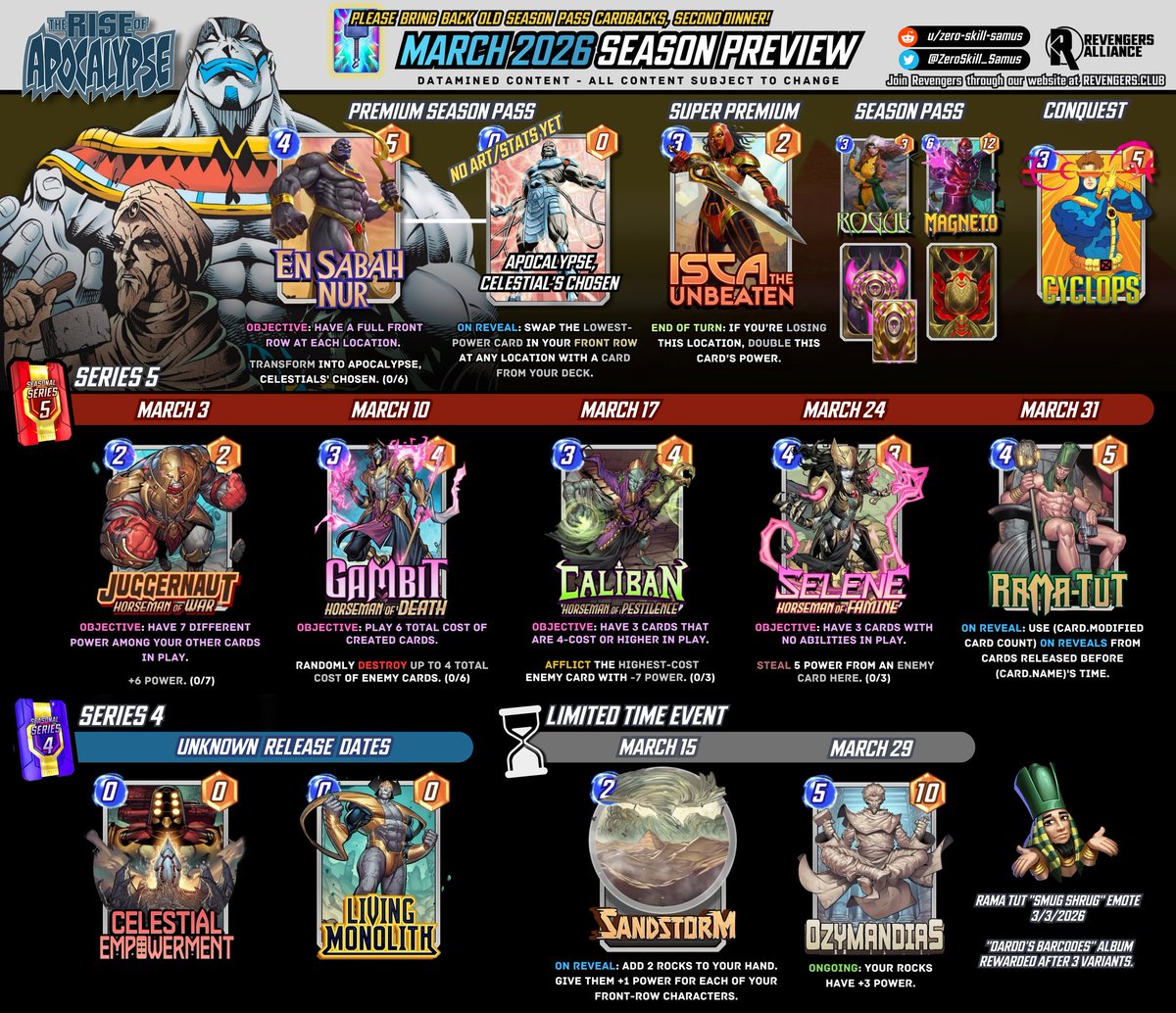 ZeroSkill_Samus's tweet image. March 2026 datamine. April is also an Apocalypse Horsemen season with Stryfe season pass. Archangel is present, too.