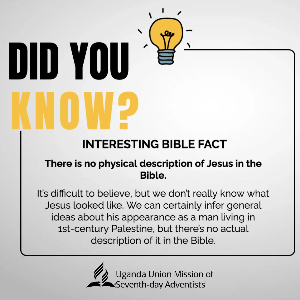 UgandaAdventist's tweet image. Did you know? 🤔
The Bible gives no physical description of Jesus—inviting us to focus more on His message, character, and mission than His appearance. ✨
What matters most is who He is, not what He looked like. 📖💛
#DidYouKnow #BibleFacts #Jesus #Faith #ChristianInsights”