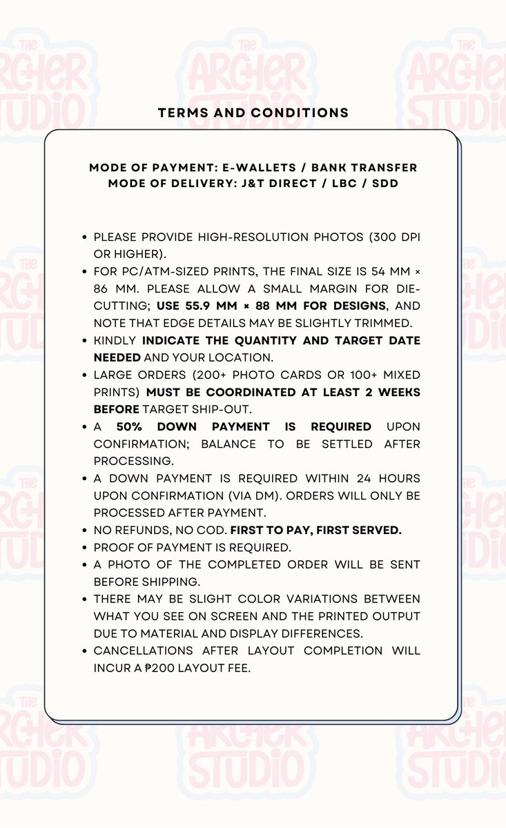 thearcherstudio's tweet photo. kindly review our updated terms and conditions to ensure proper and smooth transactions. 💘 https://t.co/ICdUPBCVH9