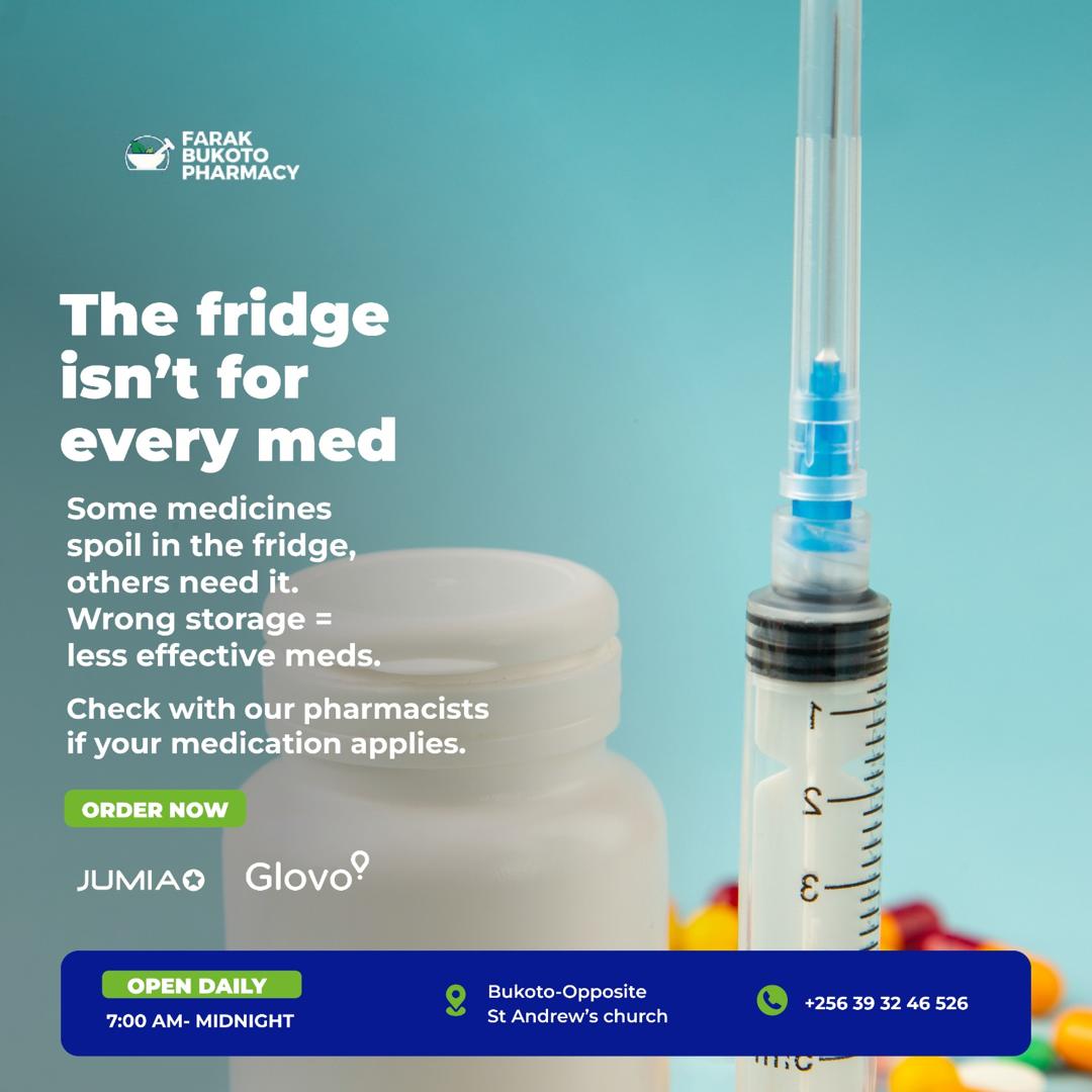 The fridge isn’t for every med

Some medicines spoil in the fridge, others need it.
Wrong storage = less effective meds.
Check with our pharmacists if your medication applies.

📍 Bukoto – Opposite St Andrew’s church
📞 +256 39 32 46 526