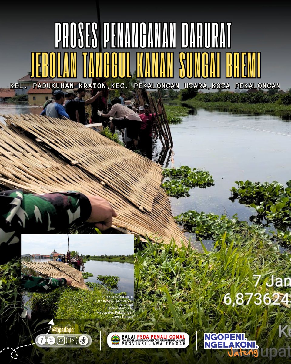 Penanganan darurat jebolan tanggul kanan Sungai Bremi di DAS Sengkarang, Kel. Padukuhan Kraton, Kec. Pekalongan Utara Kota Pekalongan, trs dilakukan.
Kolaborasi DPU PR Kota Pekalongan, TNI, Polri, BPBD, dan masyarakat menjadi kunci percepatan penanganan di lapangan
<a href="/dpusdatarujtg/">Dinas PUSDATARU Jateng</a>