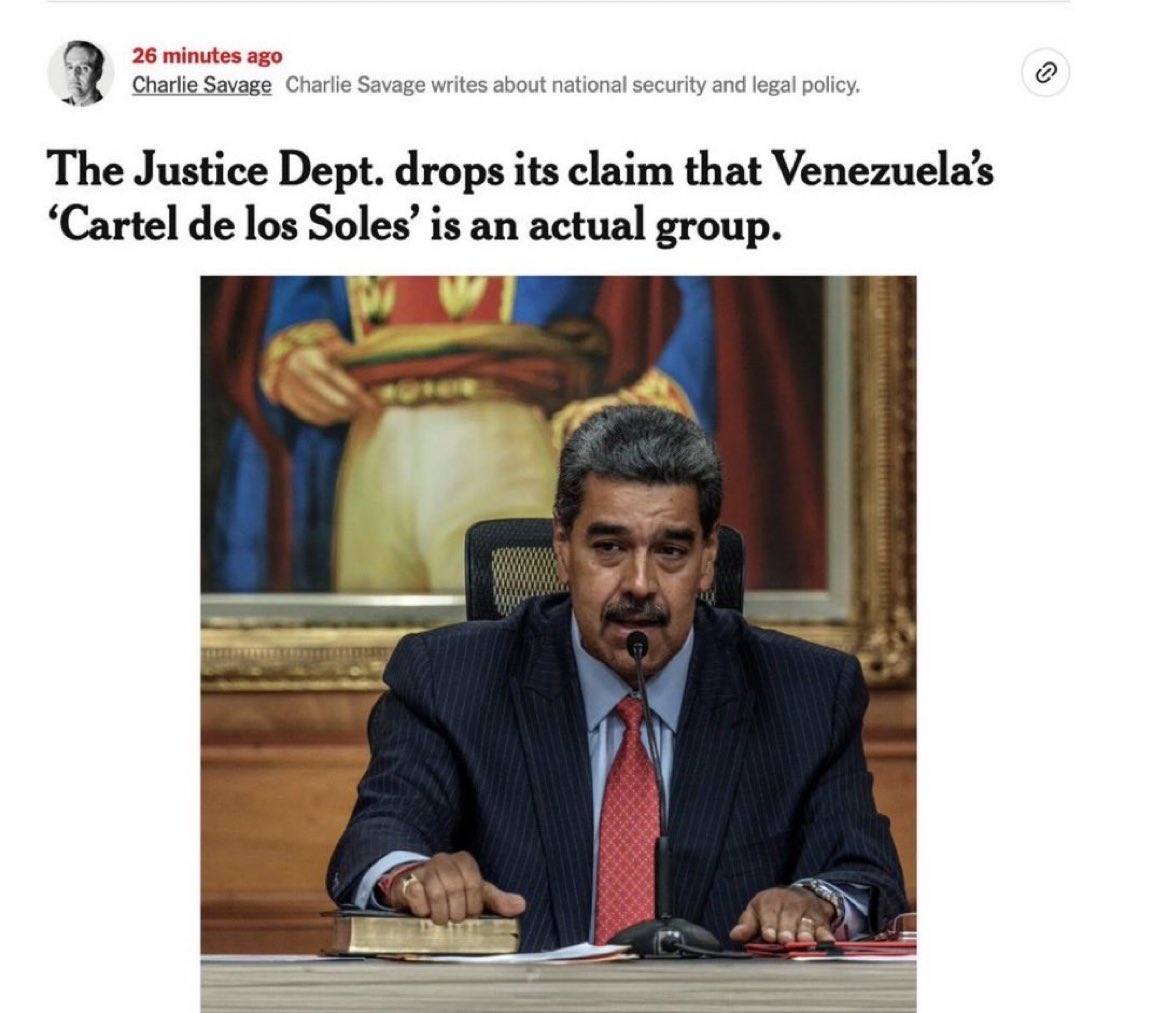AdameMedia's tweet image. NEW: 🇺🇸 🇻🇪 The Justice Department had to DROP its drug trafficking allegation against Maduro because the “cartel” was a *CIA FRONT* that they admit doesn’t actually exist