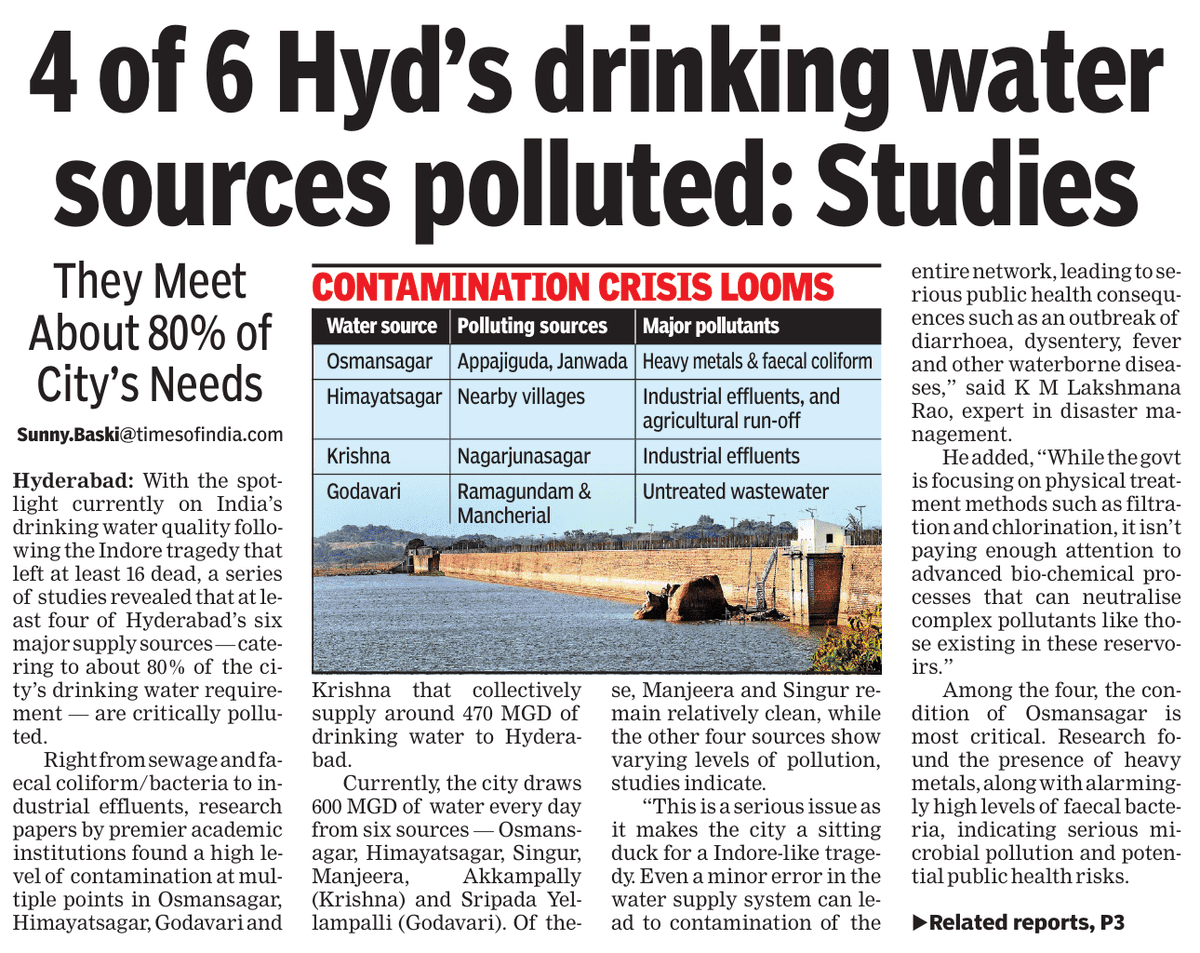 abhinavaduri9's tweet photo. #HyderabadWaterCrisis Studies warn 4 of 6 drinking water sources are polluted, yet they supply ~80% of the city’s needs (470 MGD)

Osmansagar, Himayatsagar, Krishna &amp; Godavari show sewage, faecal bacteria &amp; industrial effluents.
Experts fear an Indore-like tragedy if lapses occur https://t.co/H4tTLnavSH