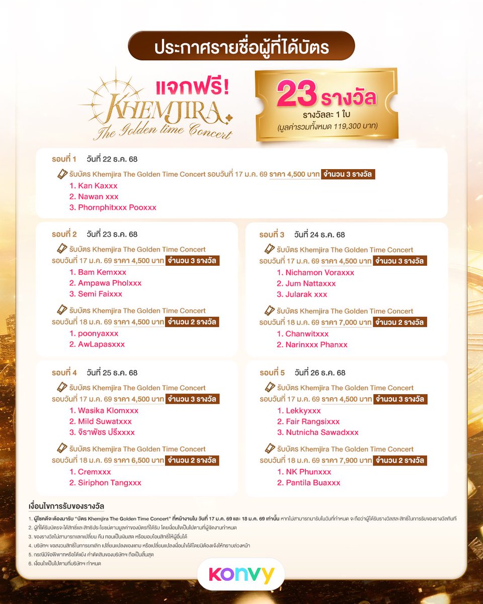 ประกาศรายชื่อผู้ที่ได้รับบัตร Khemjira The Golden Time Concert