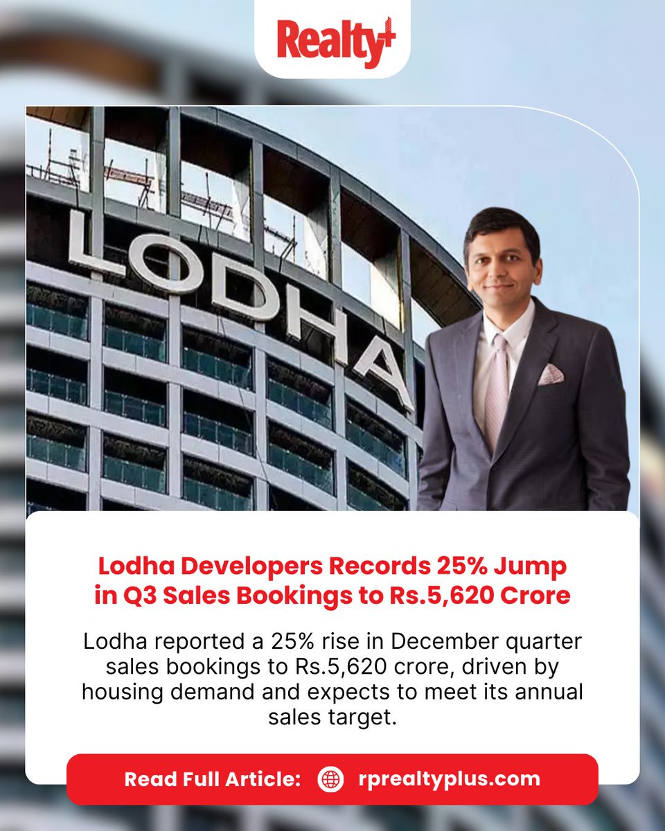 RPRealtyPlus's tweet image. Lodha Developers recorded a 25% jump in Q3 sales bookings to ₹5,620 crore, powered by strong housing demand and expects to meet its annual sales targets.

Read more: rprealtyplus.com/news-views/lod…

#Lodha #RealEstateSales #HousingDemand #PropertyTrends #IndianRealEstate #MarketUpdate