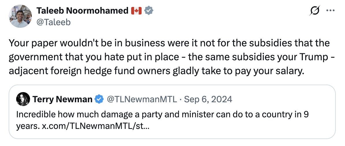 This is Canada. A Cabinet minister publicly admonishes a journalist, reminding her that her newspaper is dependent on Government funds.

Canada is a totalitarian state, with state-funded media which keeps the citizenry compliant and conditioned by a constant stream of propaganda