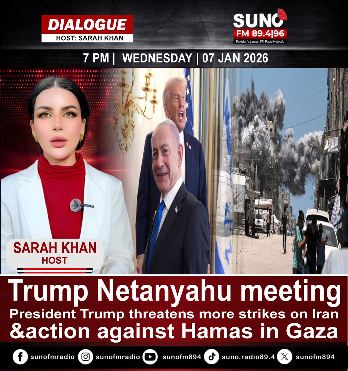 🎙️ Dialogue with Sara Khan
🗣️ Topic: Trump Netanyahu meeting: President Trump threatens more strikes on Iran &amp; action against Hamas in Gaza
📌 Join us for an in-depth discussion on rising Middle East tensions and their regional &amp; global impact.
🕖 Tonight at 7:00 PM
📺 Don’t miss