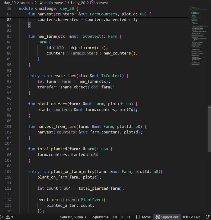 Day 20 / 21 #SuiChallenge ✅

Things are getting vocal on-chain! 📢

Implemented PlantEvent to notify the world.

Mastered event::emit for real-time tracking &amp; indexing.

Cleaned up the code for the big finale tomorrow.

#Sui #MoveLang #Web3 #Blockchain #Develop